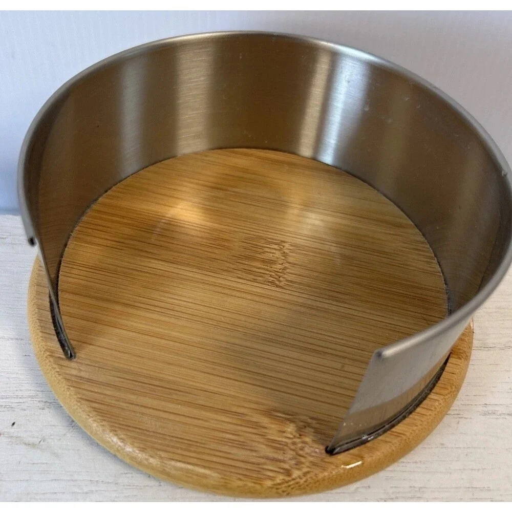 2015 BETTER HOMES Set Of 4 BAMBOO & CORK COASTERS IN Metal Holder